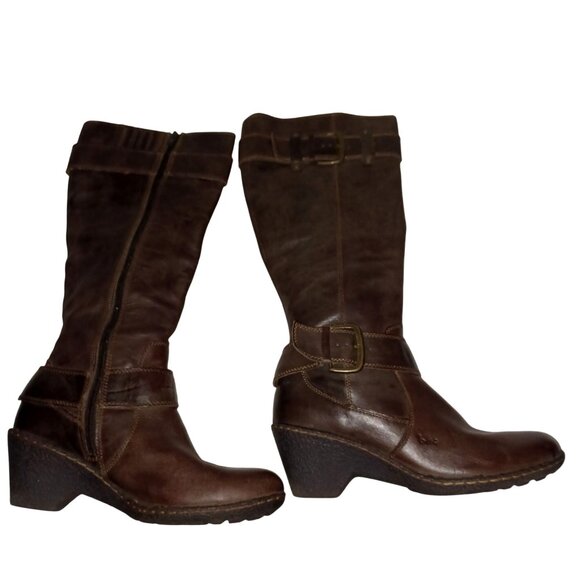 B.O.C. Brown Leather Buckle Zip Chunky Block Wedge Heel Boots Womens Size 9 - Picture 2 of 15